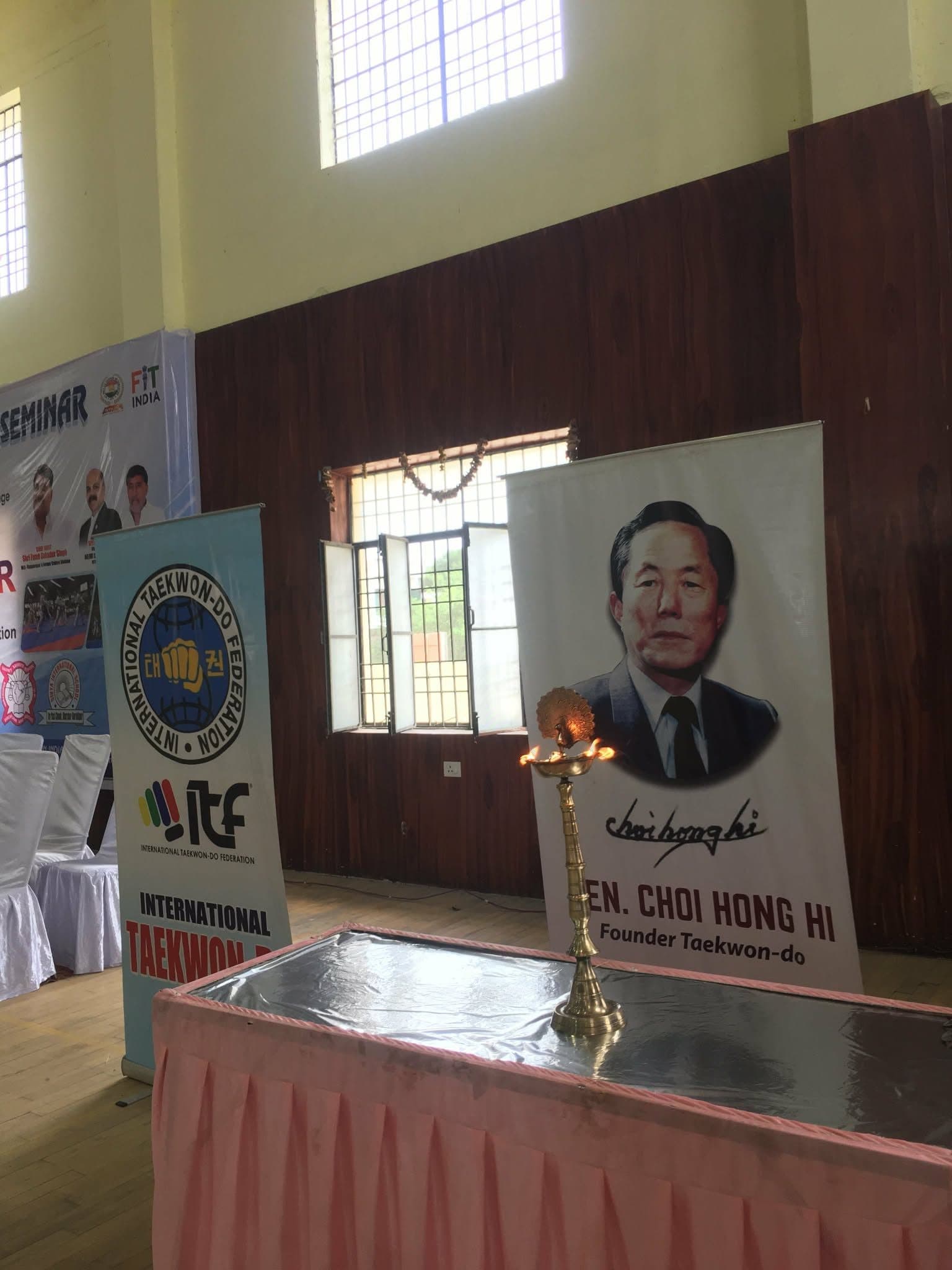 Ceremonial lamp lit before the portrait of founder Gen. Choi Hong Hi